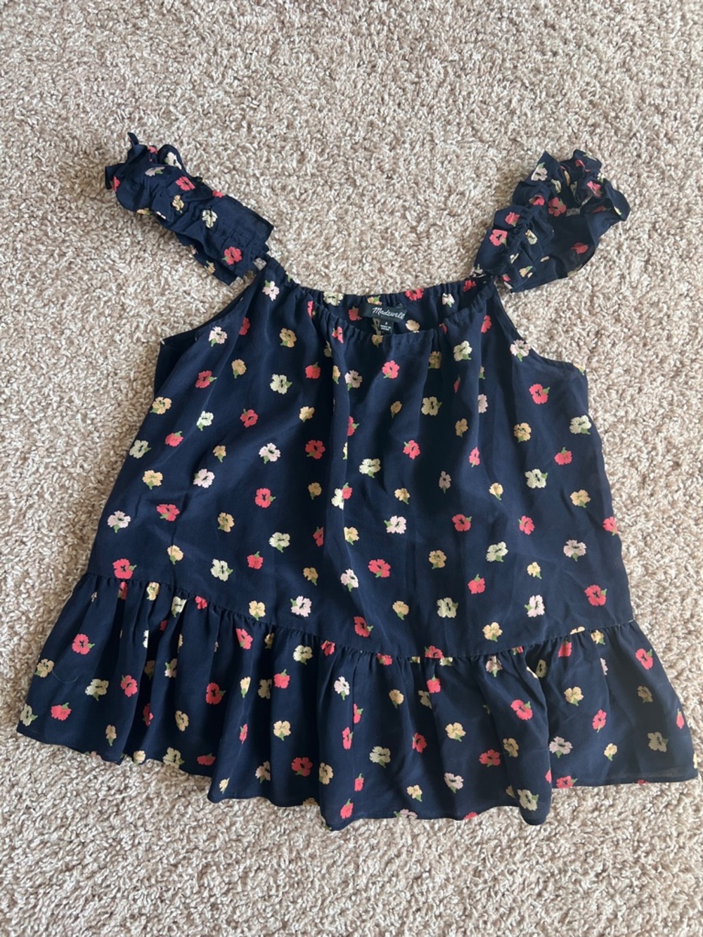 Madewell Flowy Navy Floral Ruffle Tank Top
